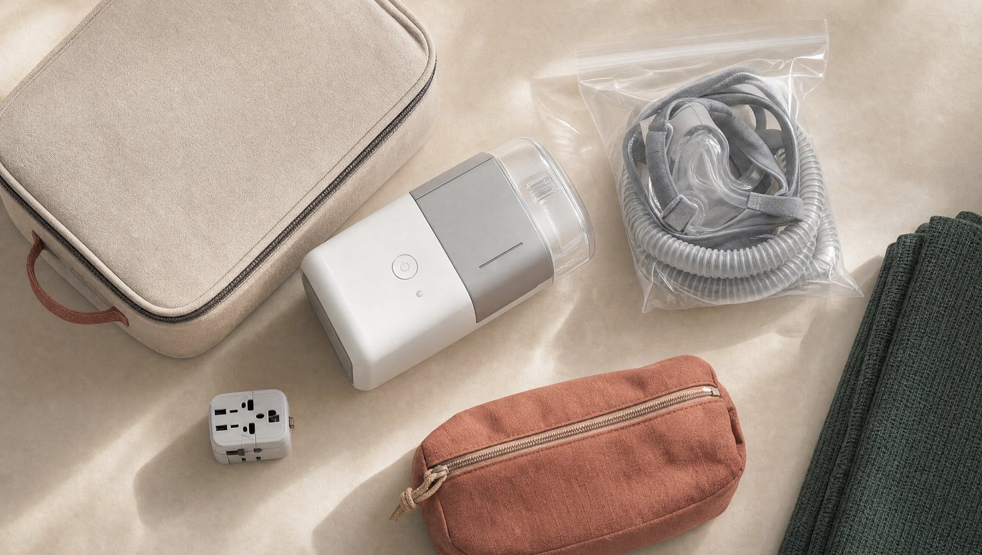 Travel CPAP machine with its padded case, a mask and tubing in a clear bag and a universal plug adapter laid out on a warm paper toned surface