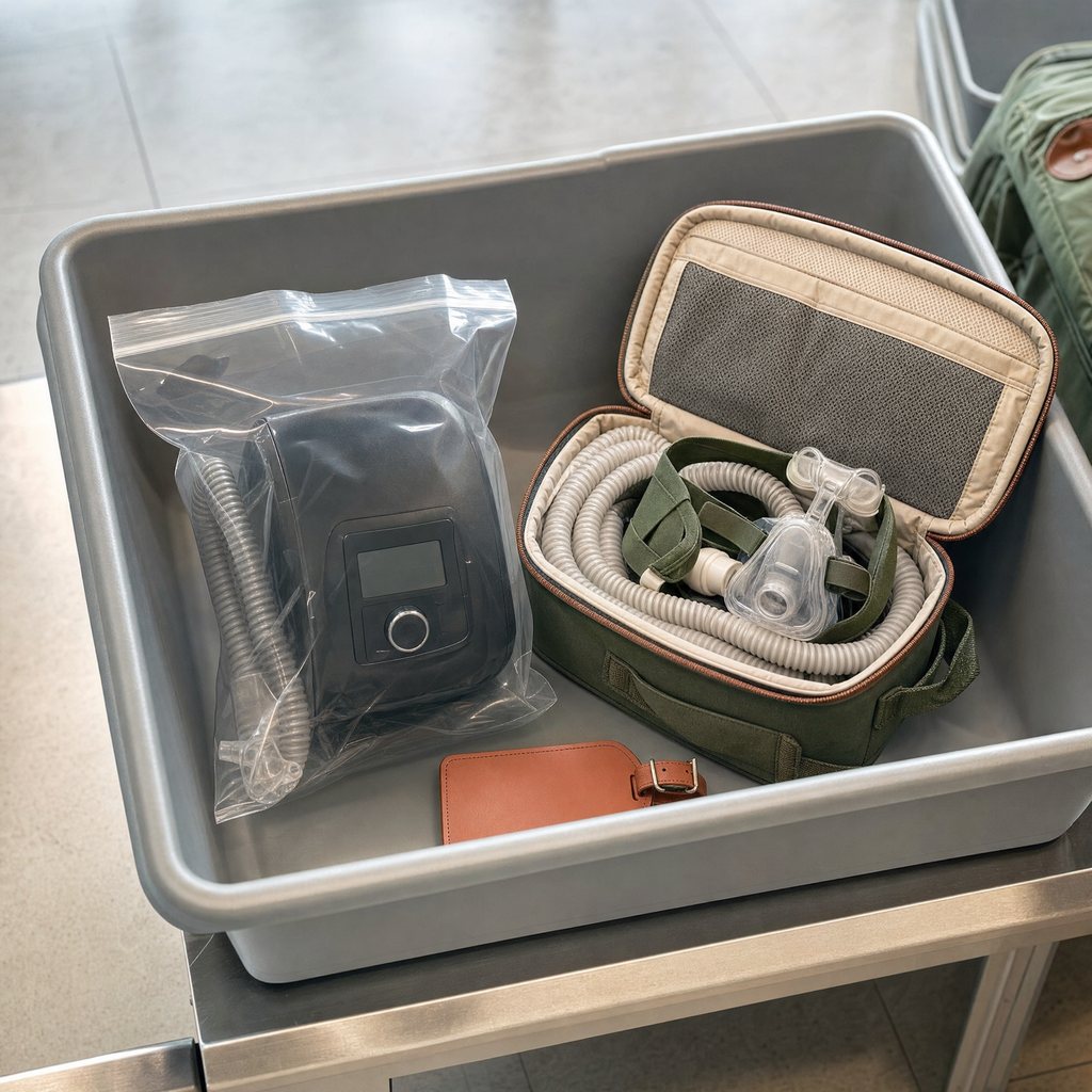 Travel CPAP machine in a clear plastic bag inside a grey airport screening bin, with its padded case holding the mask and tubing beside it