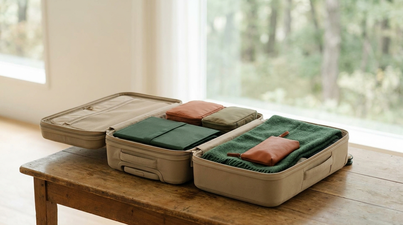Open packed carry on on wooden table with visible garment folder and small packing cubes in forest and terracotta tones packing cubes carry on