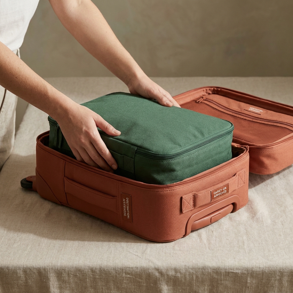 Close up of hands placing a medium packing cube into a carry on suitcase in forest and terracotta tones minimalist tidy travel scene packing cubes carry on