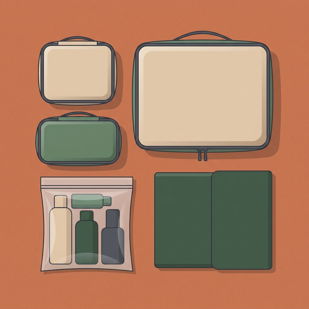Minimalist 2D vector flat lay of packing cubes carry on in three sizes with quart liquids bag and garment folder on a terracotta surface in forest green and terracotta tones