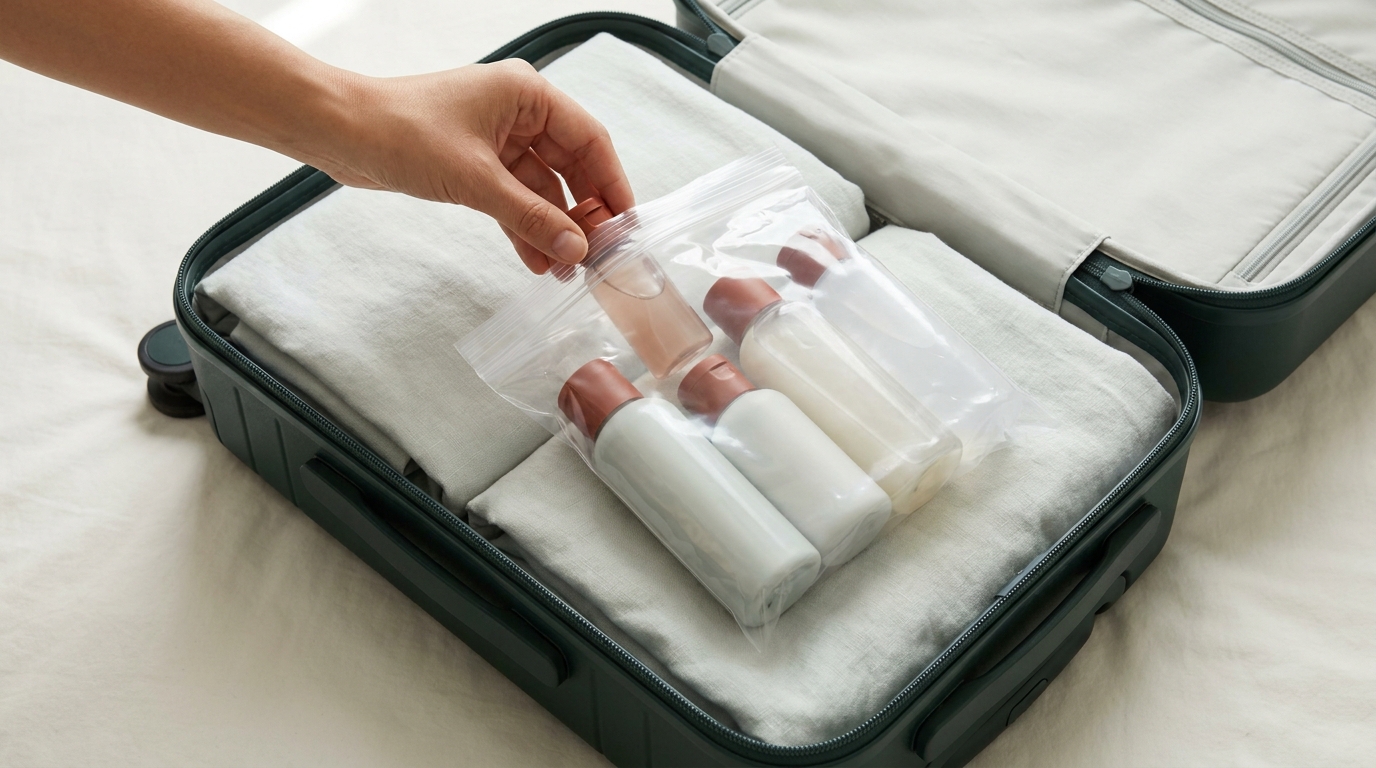 Packing liquids carry on bag open carry on suitcase with a clear quart bag of neatly arranged travel sized toiletries in a minimalist editorial scene with forest and terracotta accents