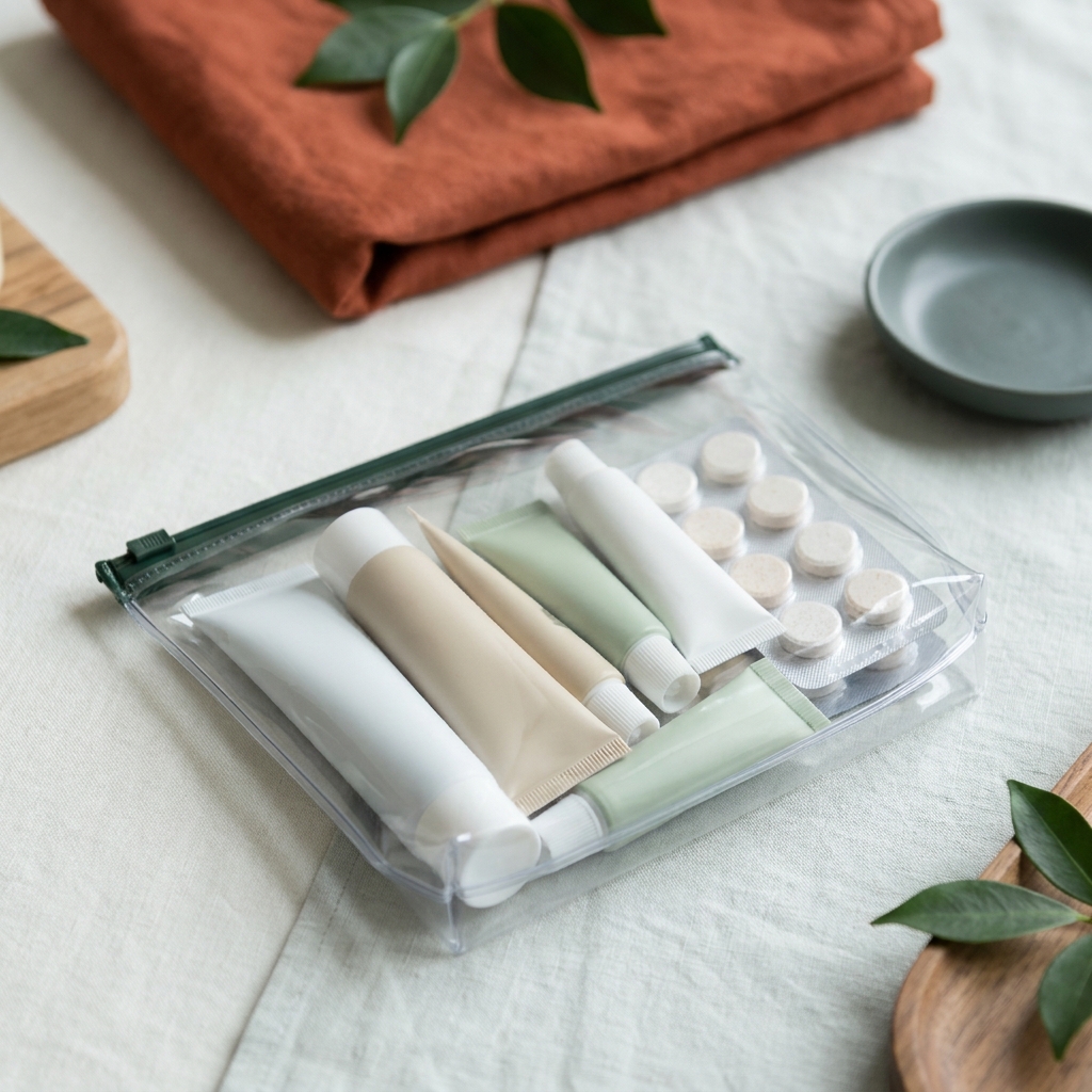 Close up editorial image of a transparent quart size packing liquids carry on bag with travel toothpaste tubes and tablets styled in Cabin and Carry forest and terracotta palette on a paper background