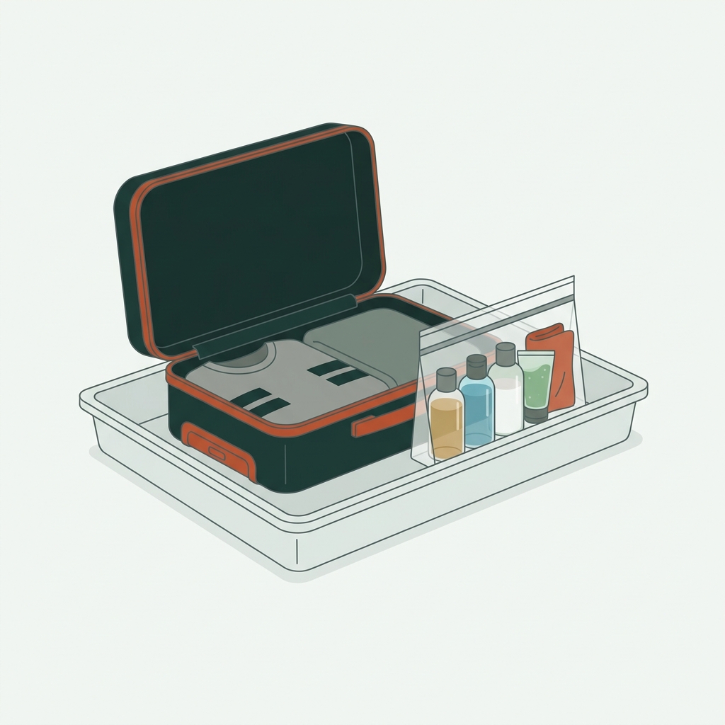 Minimalist 2D vector editorial of an open carry on and airport security tray with a clear quart bag of travel sized bottles in forest and terracotta tones packing liquids carry on bag