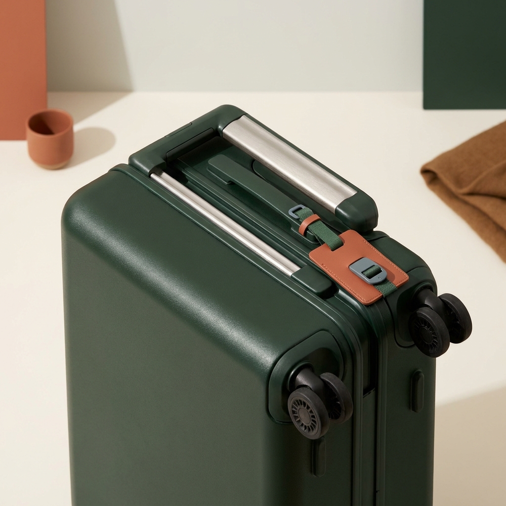 Close up of collapsed telescoping handle and spinner wheels on a compact carry on against a Paper background with Forest and Terracotta accents how to measure luggage dimensions wheels