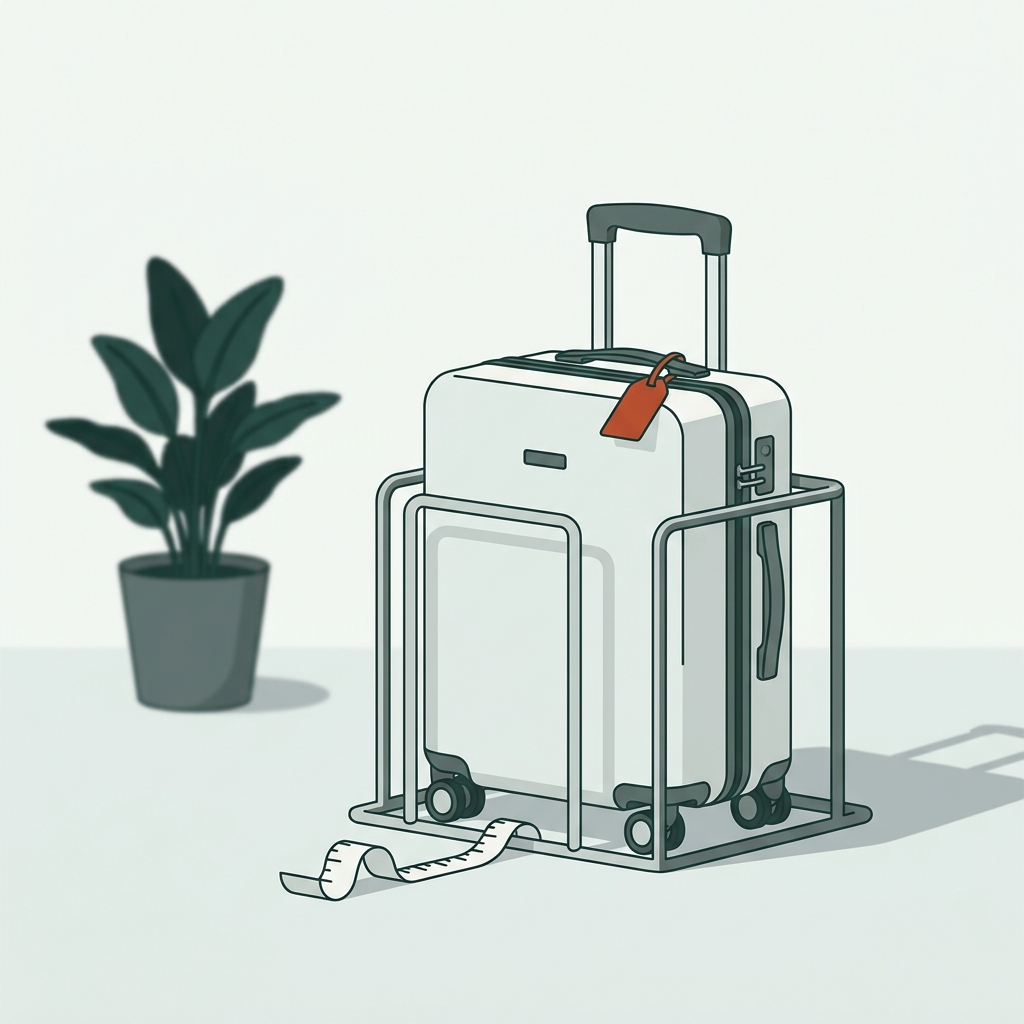 Minimal 2D vector of a suitcase inside an airline sizer at a gate with a measurement tape near the wheels and base how to measure luggage dimensions wheels calm forest and terracotta color palette full frame