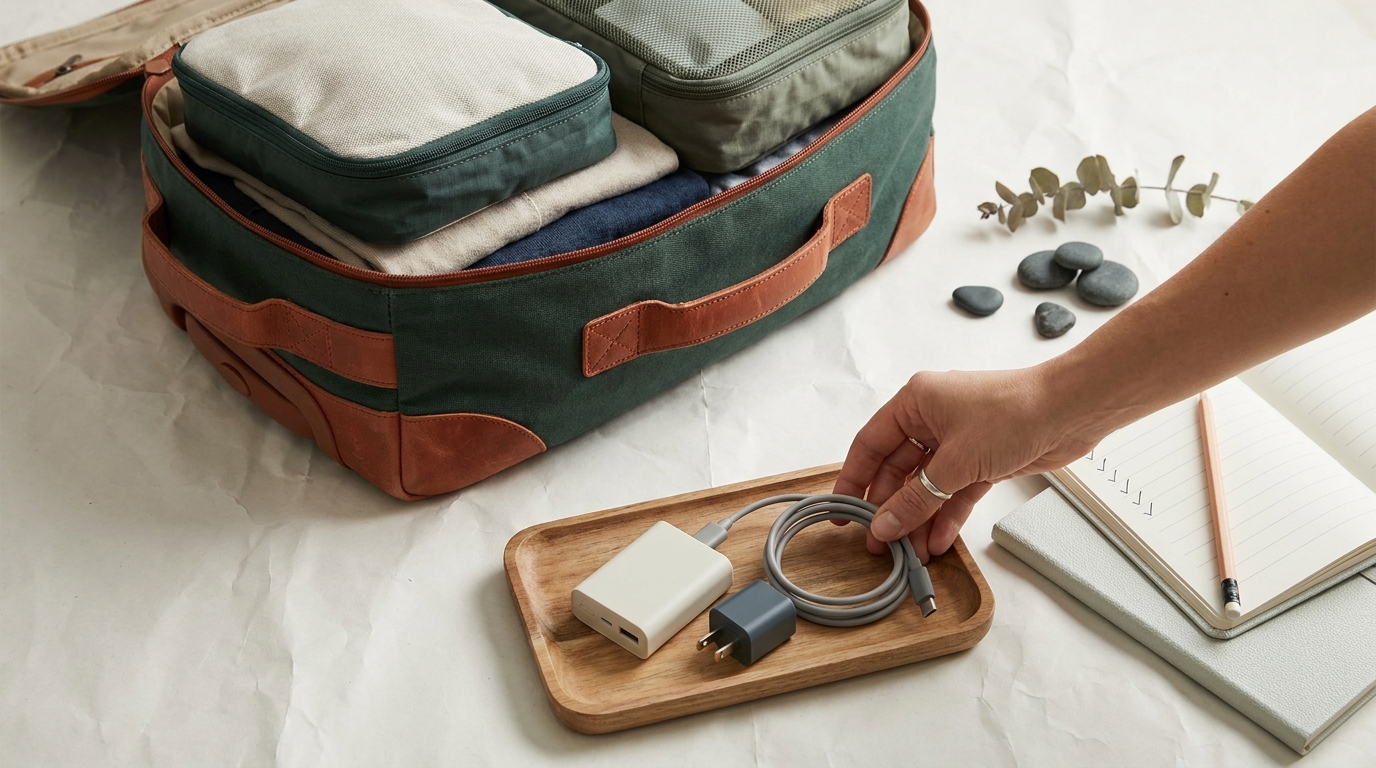 How to choose travel adapter editorial flat lay of a packed carry on showing a compact charger coiled cables and a subtle checklist notebook in forest and terracotta tones