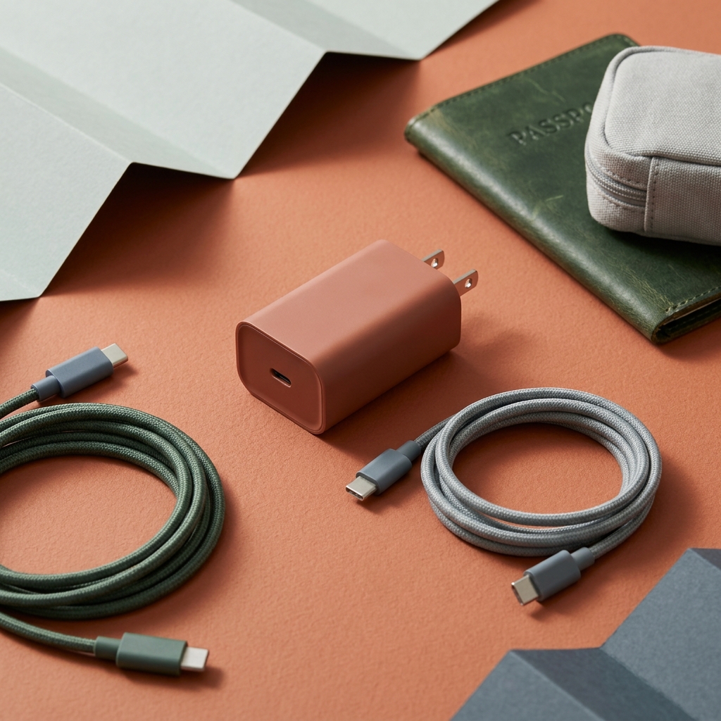 Close up of a USB C PD charger and multiple cables on a terracotta surface with blurred travel accessories in soft focus how to choose travel adapter