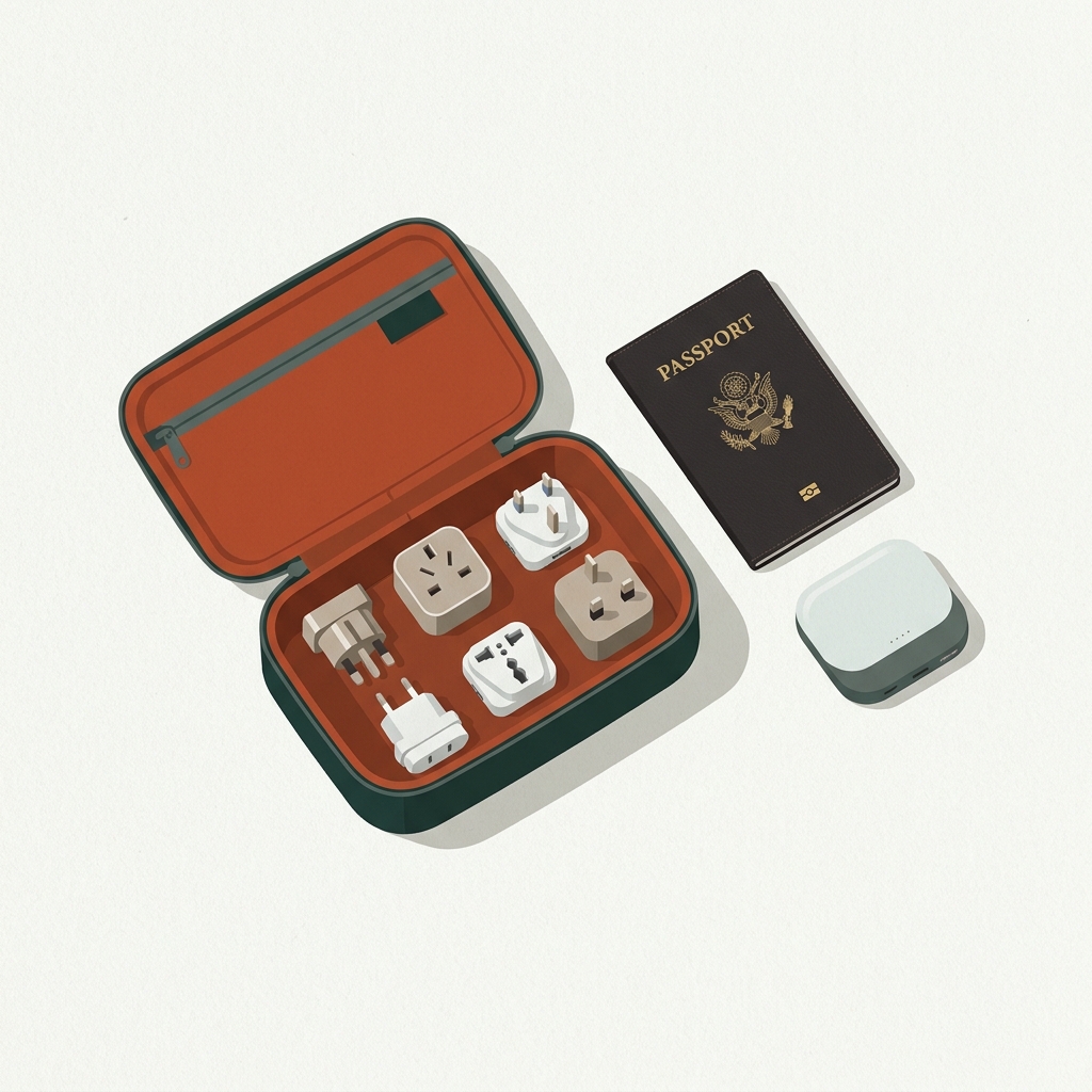 Top view 2D vector of an open travel pouch with several adapters a passport and a power bank arranged on a paper background with forest and terracotta accents how to choose travel adapter