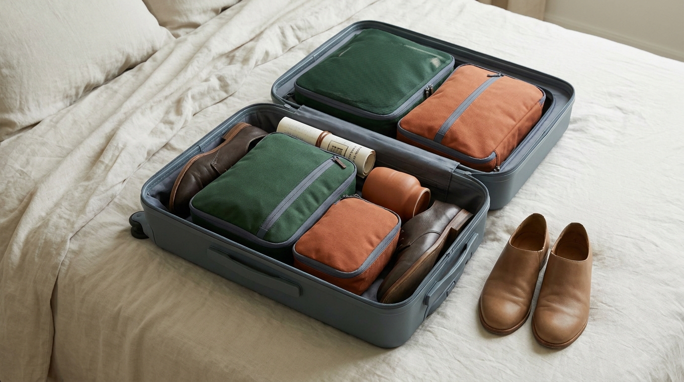 How to pack shoes in suitcase editorial photo of open carry on on bed neatly packed with shoes placed heel to toe along the edges in forest green and terracotta accents