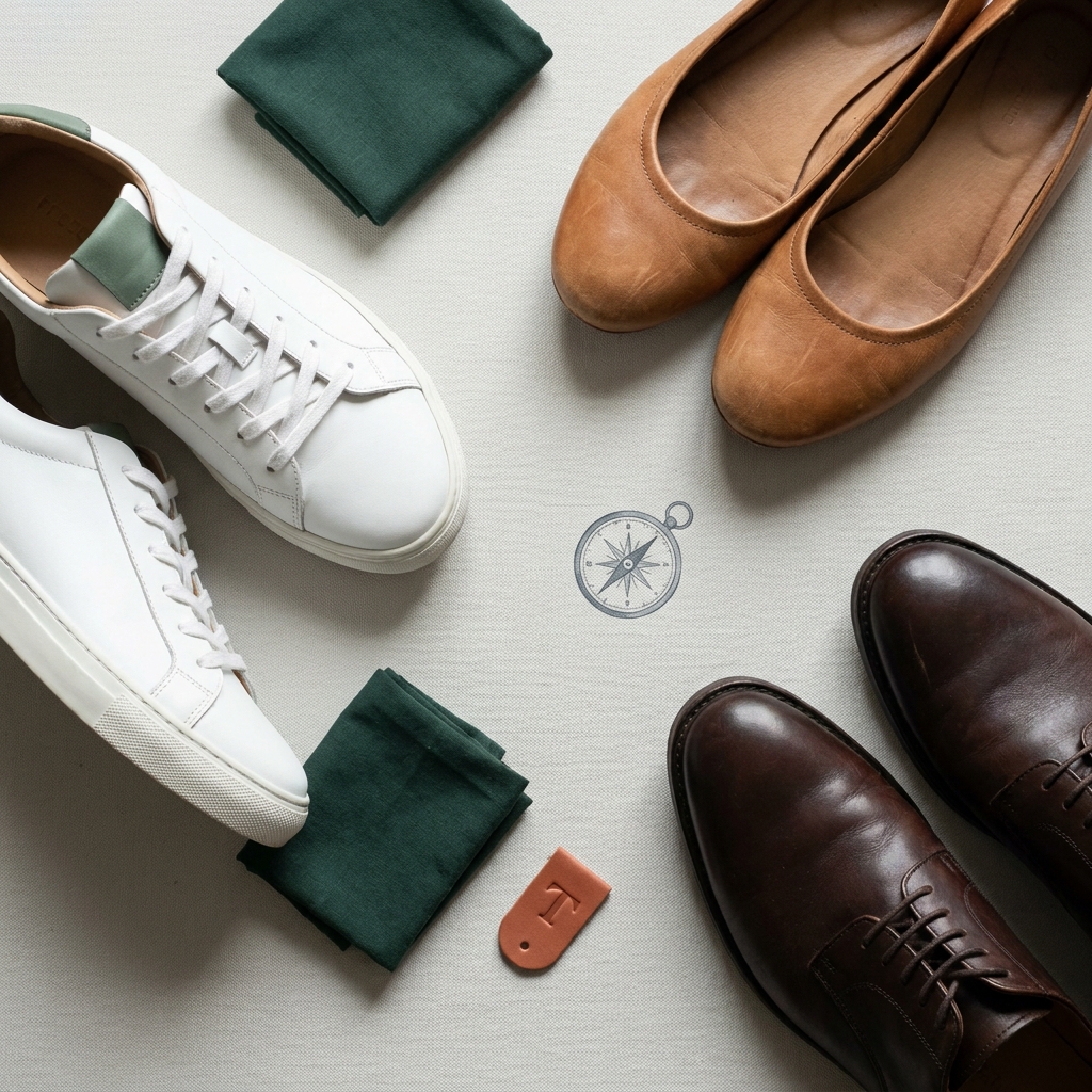 Close-up of three travel shoes sneaker flat dress shoe on neutral canvas with forest and terracotta accents minimalist composition how to pack shoes in suitcase