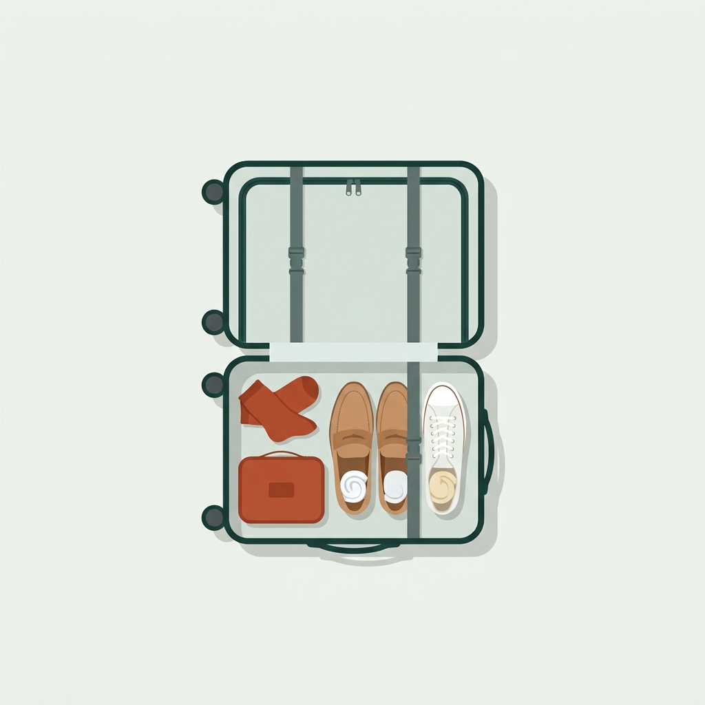 Top down 2D vector illustration of an open suitcase with shoes packed heel to toe near the wheel end and socks stuffed inside shoes minimalist layout in Cabin and Carry forest and terracotta tones how to pack shoes in suitcase