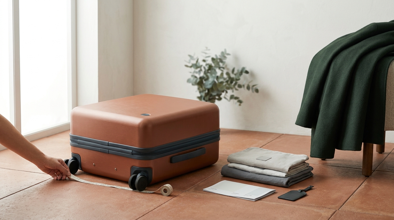 Suitcase on terracotta tile with forest green coat and neutral packing props showing wheel and tape edge to illustrate how to measure luggage dimensions wheels