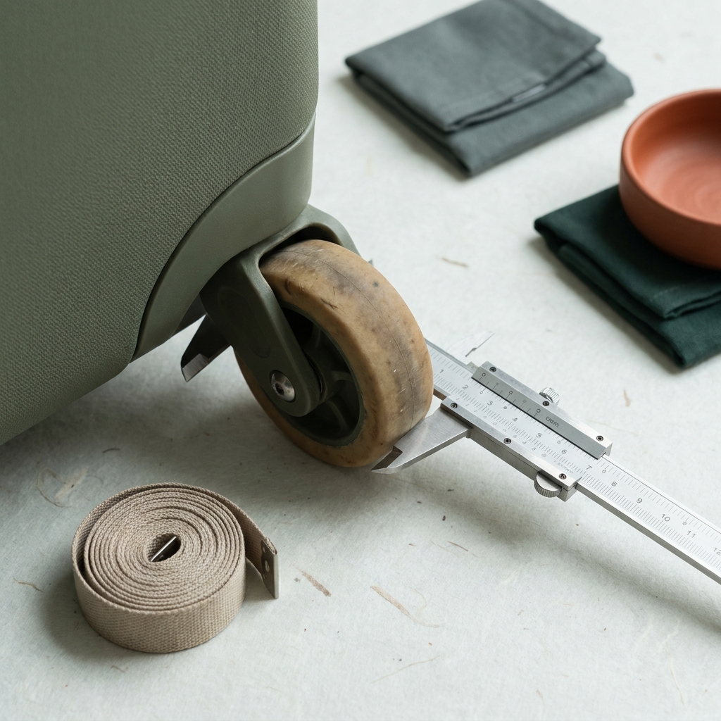Close up side view of a suitcase wheel measured with a tape measure and caliper on a tidy paper tone background with forest and terracotta accents showing how to measure luggage dimensions wheels