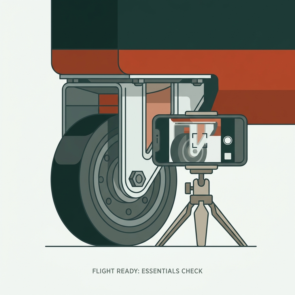2D vector close up of luggage wheel housing and mounting plate with a smartphone on a small tripod calm travel editorial tones how to measure luggage dimensions wheels