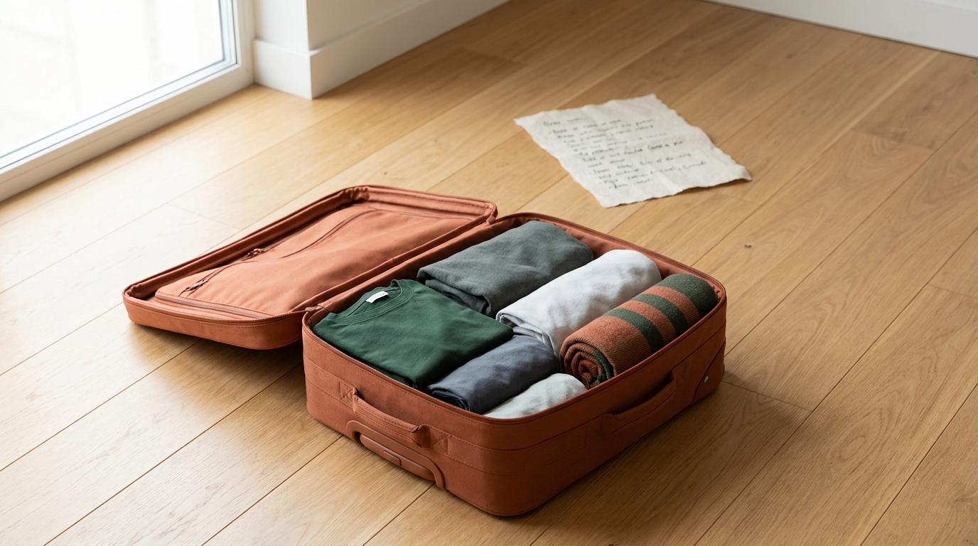 Packed open carry on suitcase on warm wooden floor with clothes and a blurred checklist paper in soft natural light calm travel editorial with forest and terracotta accents how to weigh luggage at home