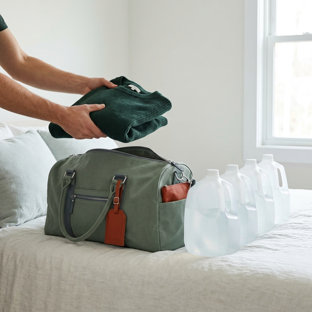 Traveler comparing a packed duffel bag to a row of gallon jugs on a bed to approximate weight how to weigh luggage at home