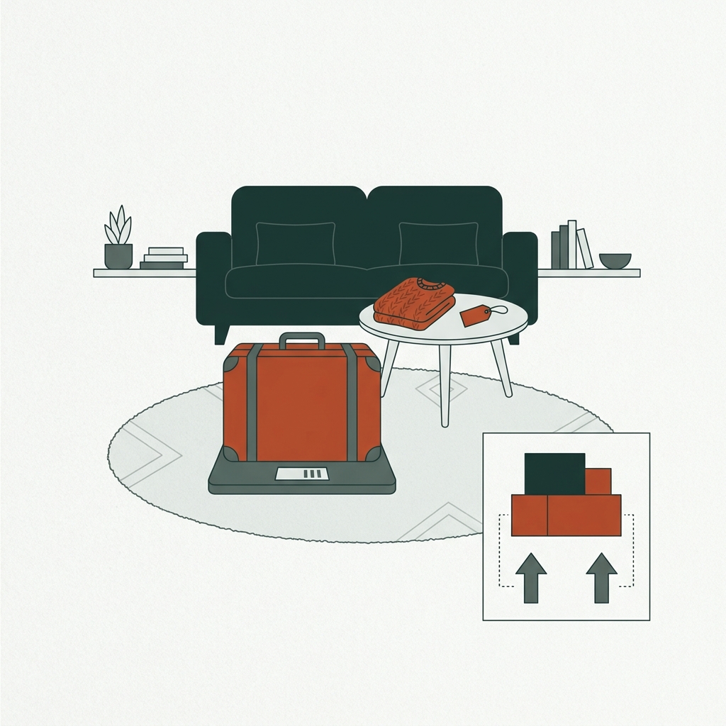 Minimalist 2D vector of a suitcase on a home luggage scale in a tidy living room with travel gear and a small abstract diagram suggesting a two person lift technique how to weigh luggage at home