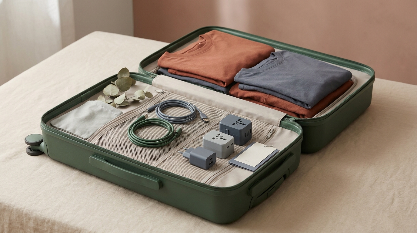 Minimal editorial photo of an open carry on with neatly folded clothes and visible adapters and chargers on a paper tone background in Cabin and Carry colors travel adapter versus voltage converter