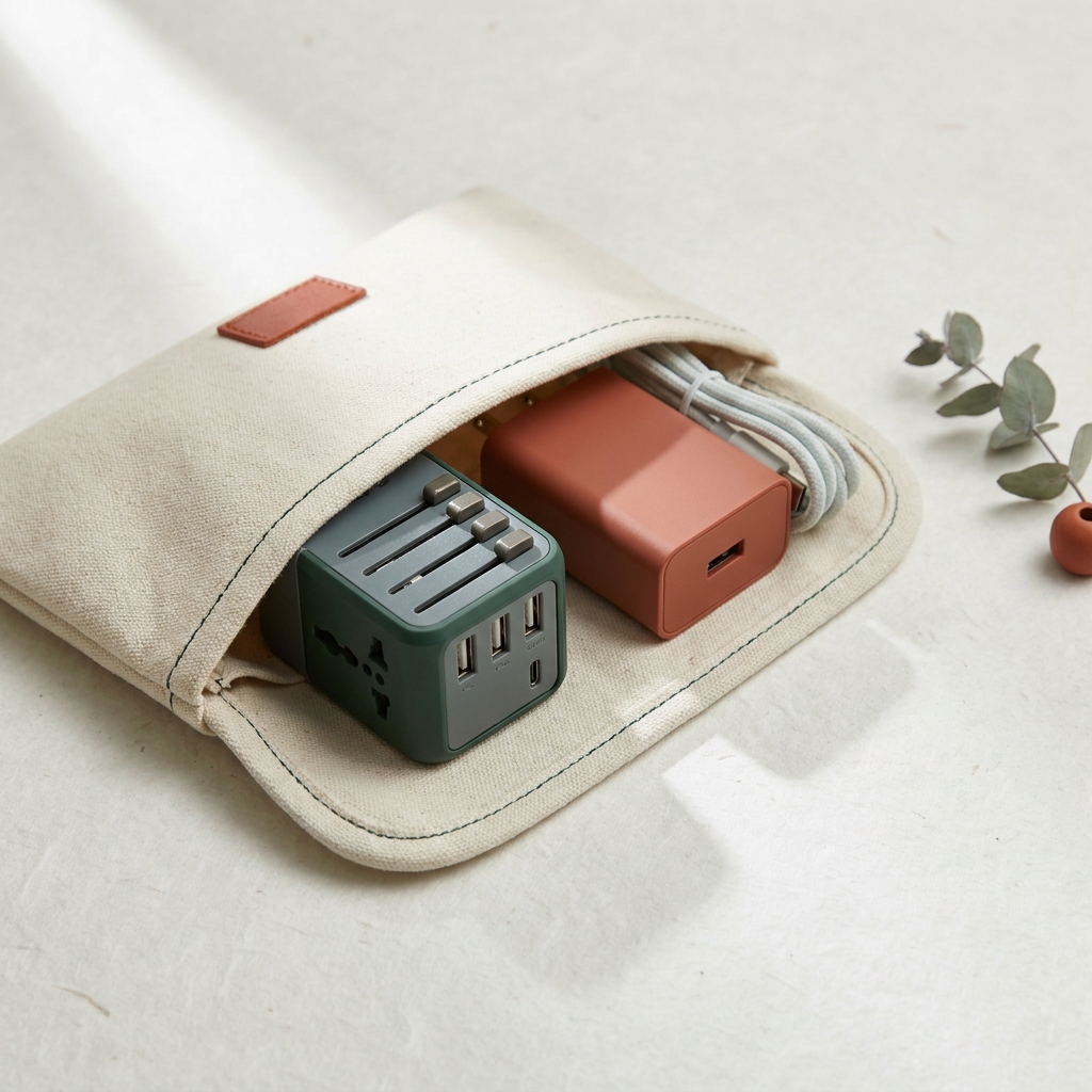 Close up editorial image of a travel pouch with a universal plug adapter and USB charger on a Paper background with forest and terracotta accents minimalist composition travel adapter versus voltage converter