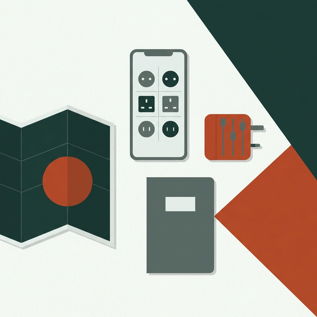 Minimal 2D vector flat lay of a smartphone showing unlabeled plug icons beside a compact travel adapter on a paper textured background in forest and terracotta tones illustrating travel adapter versus voltage converter