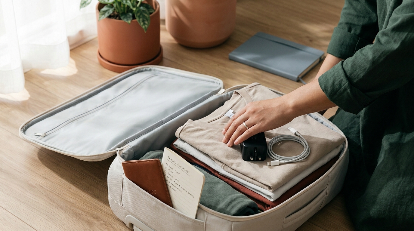 Open carry on with folded travel adapter and phone charger on a Paper toned surface with forest and terracotta accents travel adapter versus voltage converter