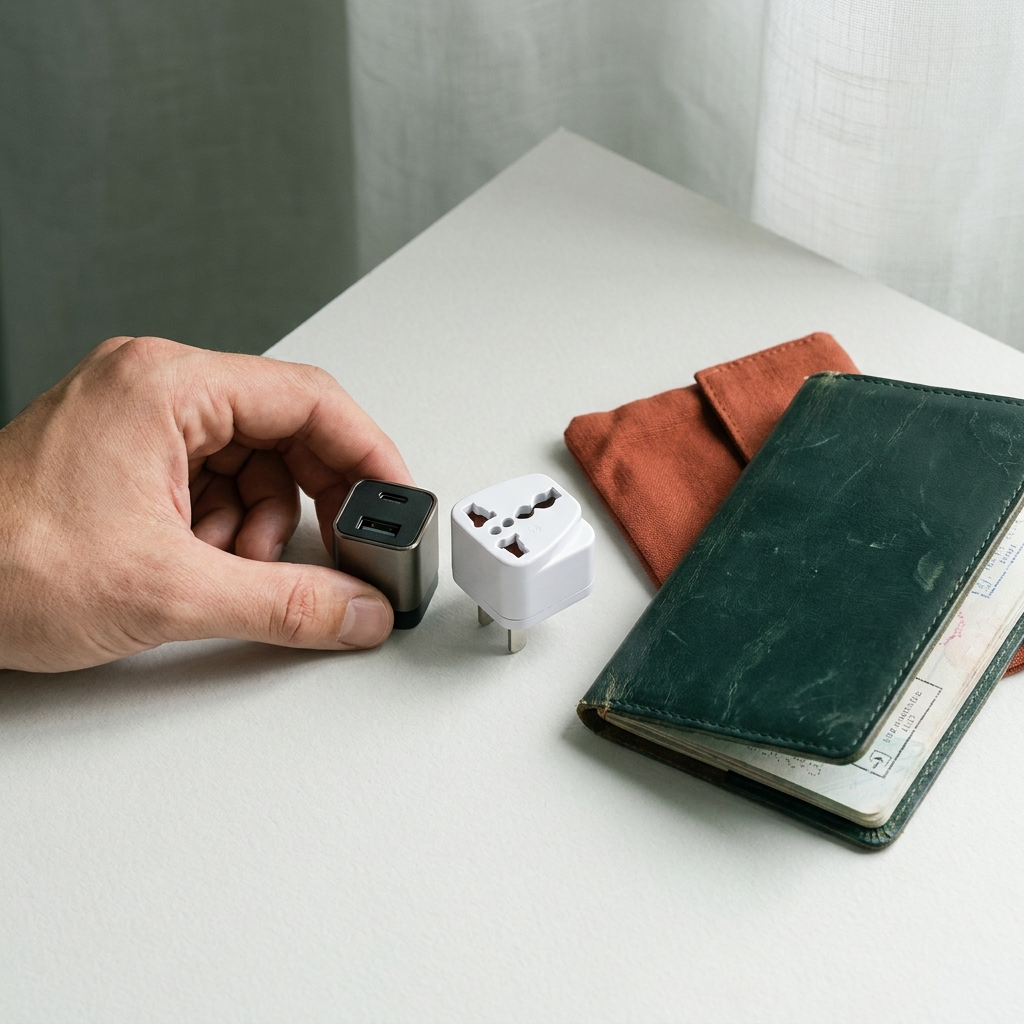 Close up editorial of a hand holding a USB power adapter and small plug adapter beside a passport on a Paper background with forest and terracotta accents travel adapter versus voltage converter
