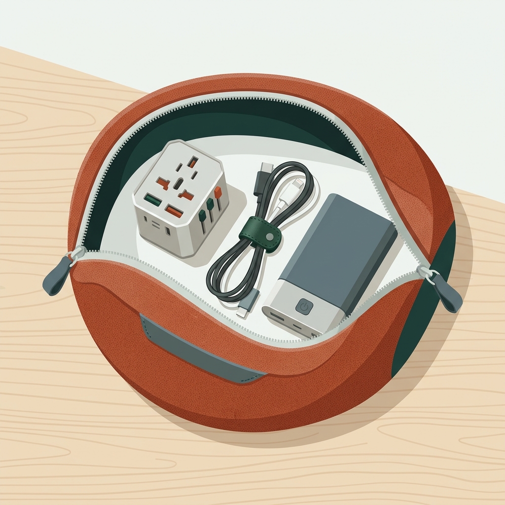 Minimalist 2D vector editorial still life of a packed pouch with a fused travel adapter cables and a compact power bank on a wooden surface in forest and terracotta tones travel adapter versus voltage converter