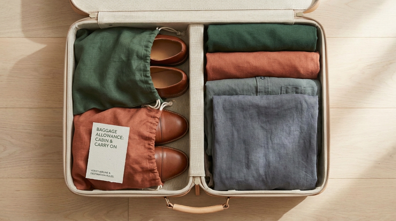 Overhead view of an open suitcase with shoes in cloth bags and a small printed baggage allowance note in forest and terracotta tones how to pack shoes in suitcase
