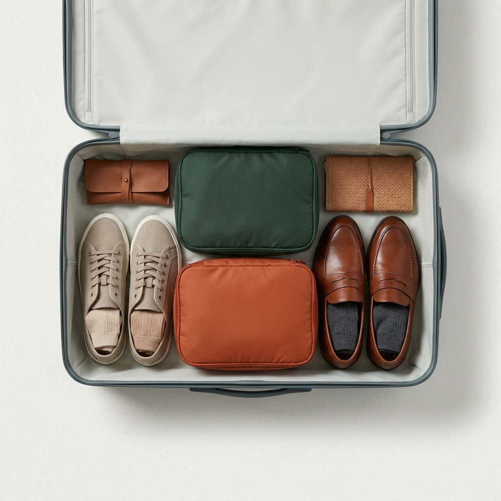 Close up top view of an open suitcase showing shoes with socks stuffed inside and packing cubes nearby minimalist travel packing scene how to pack shoes in suitcase
