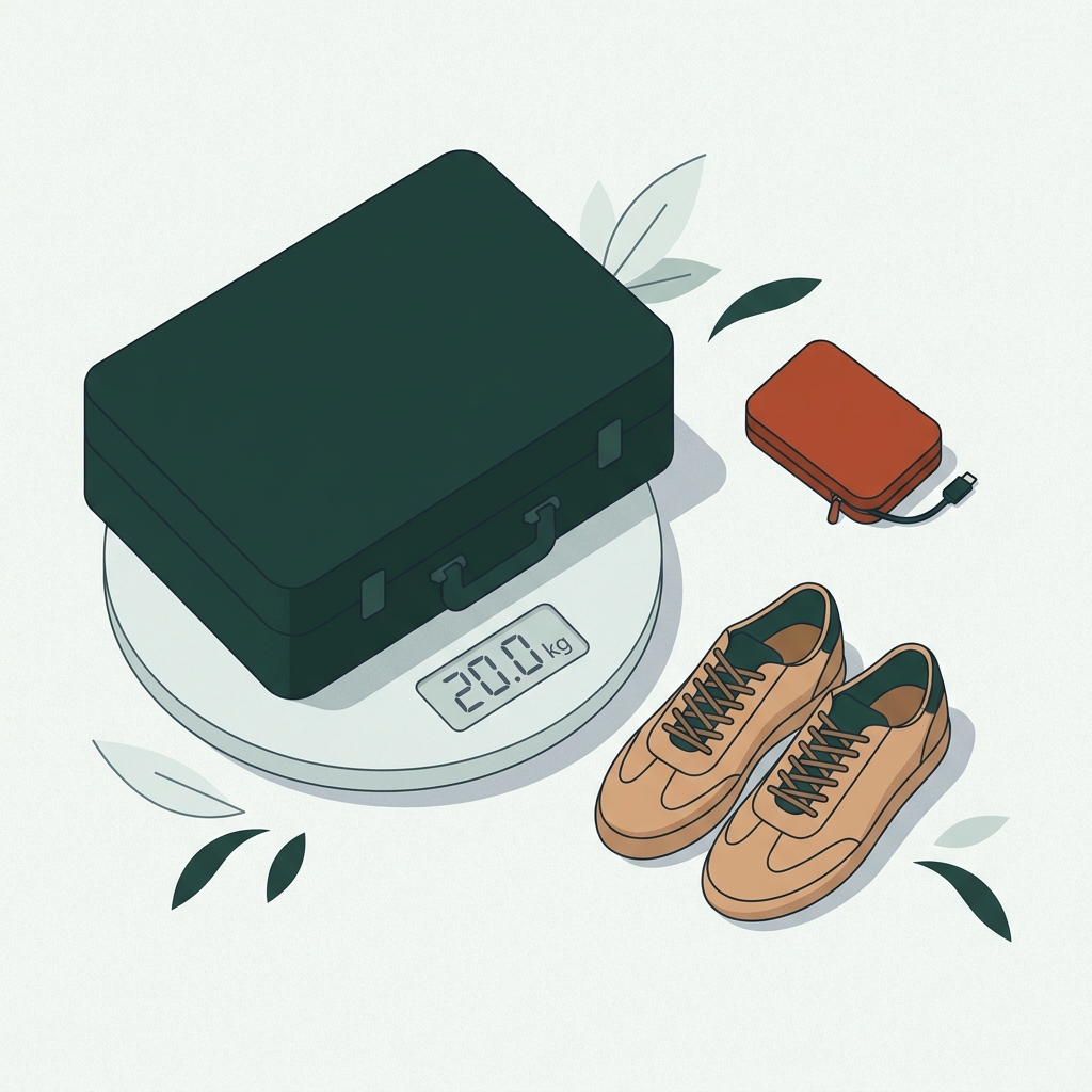 Minimal 2D vector of a suitcase on a home scale with a pair of shoes and a small zip battery case arranged beside it illustrating how to pack shoes in suitcase