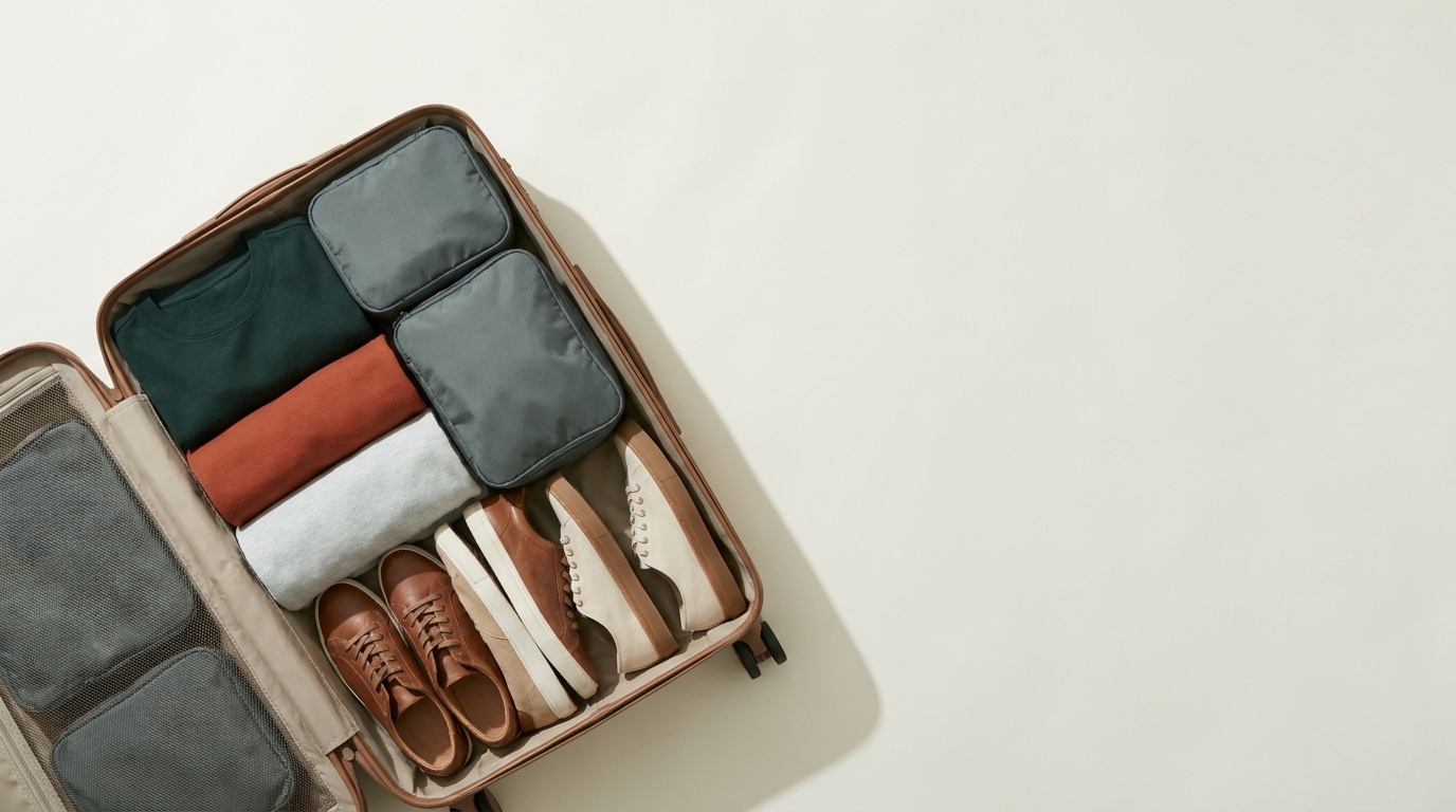 Open suitcase flat lay with neatly packed clothes and shoes aligned along the inner edge near wheel housing in a minimalist Cabin & Carry palette showing how to pack shoes in suitcase