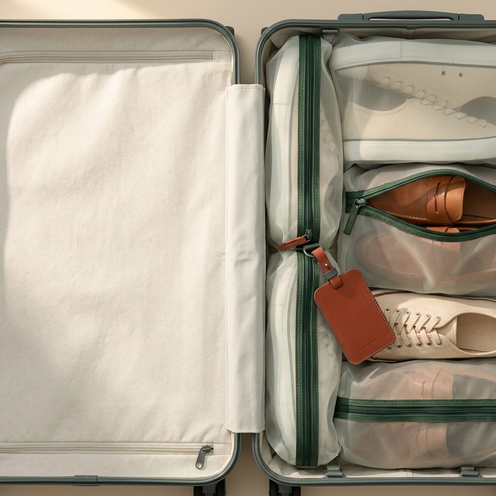 Top down photo of shoes in mesh shoe bags arranged heel to toe along one side of a suitcase with warm editorial lighting how to pack shoes in suitcase