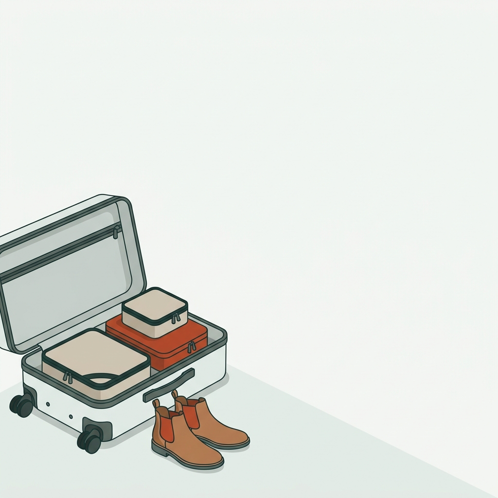 How to pack shoes in suitcase minimal 2D vector illustration showing packing cubes and a pair of boots set low near suitcase wheels on a Paper background with Forest Terracotta Mist and Slate accents