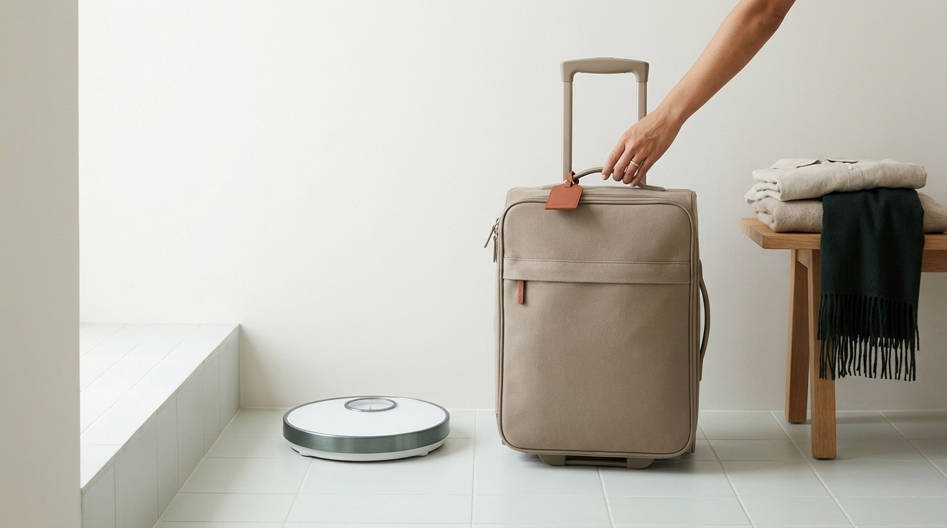 Suitcase and bathroom scale on a tiled entryway with a hand adjusting the handle in a calm editorial scene showing how to weigh luggage at home
