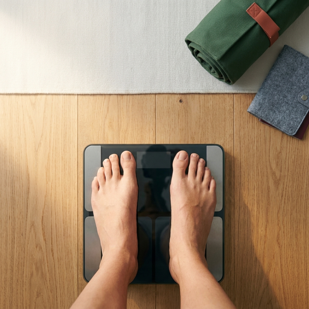 Top down close up of a traveler standing on a bathroom scale on a wood floor with a packed carry on and passport in soft focus styled in forest and terracotta brand tones how to weigh luggage at home