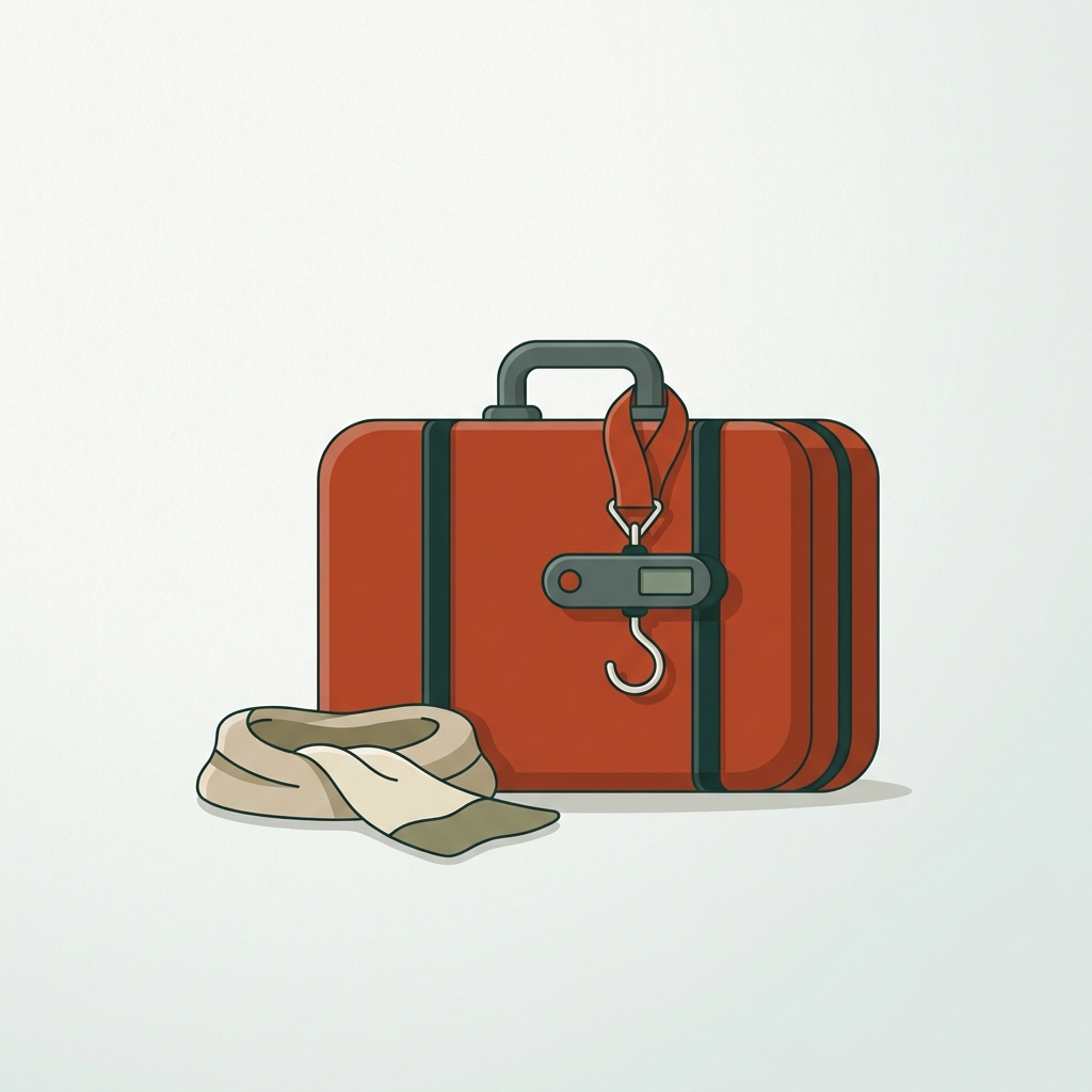Minimalist 2D vector of a packed suitcase with a handheld luggage scale hooked to the handle in soft natural light forest and terracotta tones how to weigh luggage at home