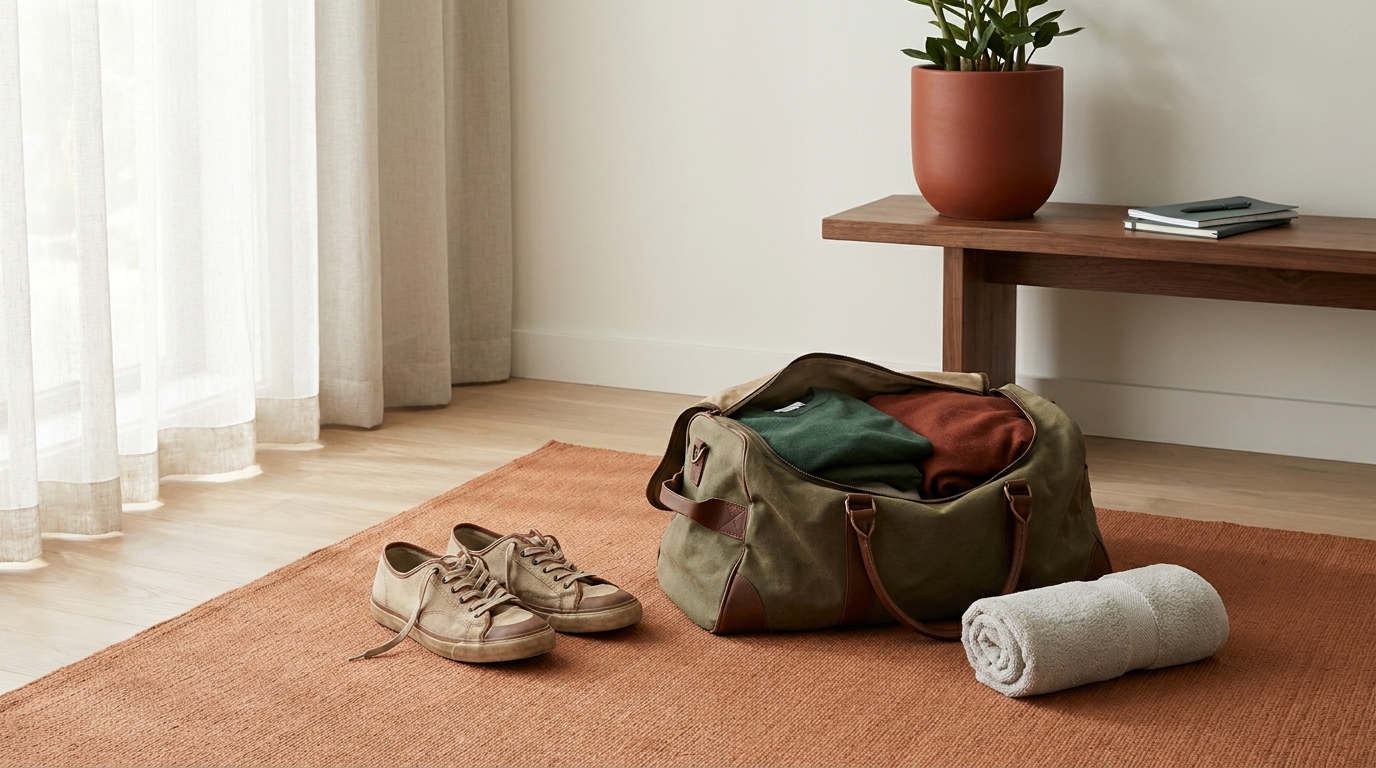 Wet travel shoes beside a towel and drying supplies