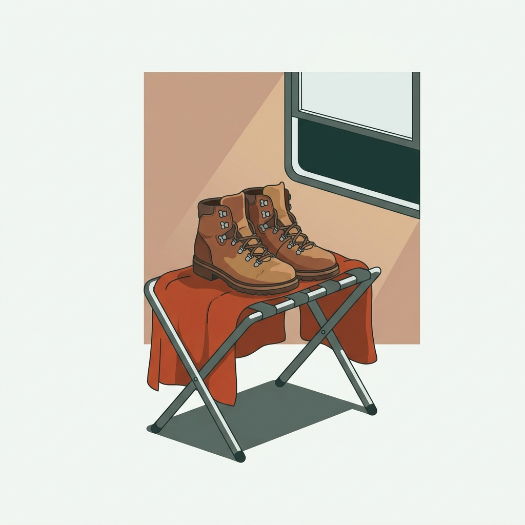 Illustration of walking boots airing on a luggage rack