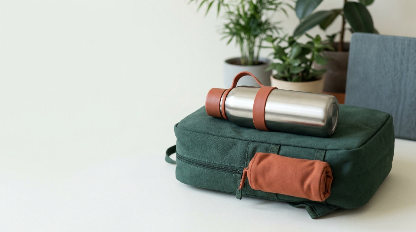 Reusable travel water bottle on a packed daypack on a bench in forest and terracotta tones full frame