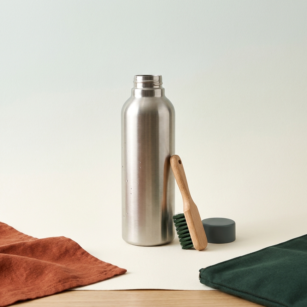 Close up stainless steel travel water bottle and small brush on a Paper background with Forest and Terracotta accents illustrating