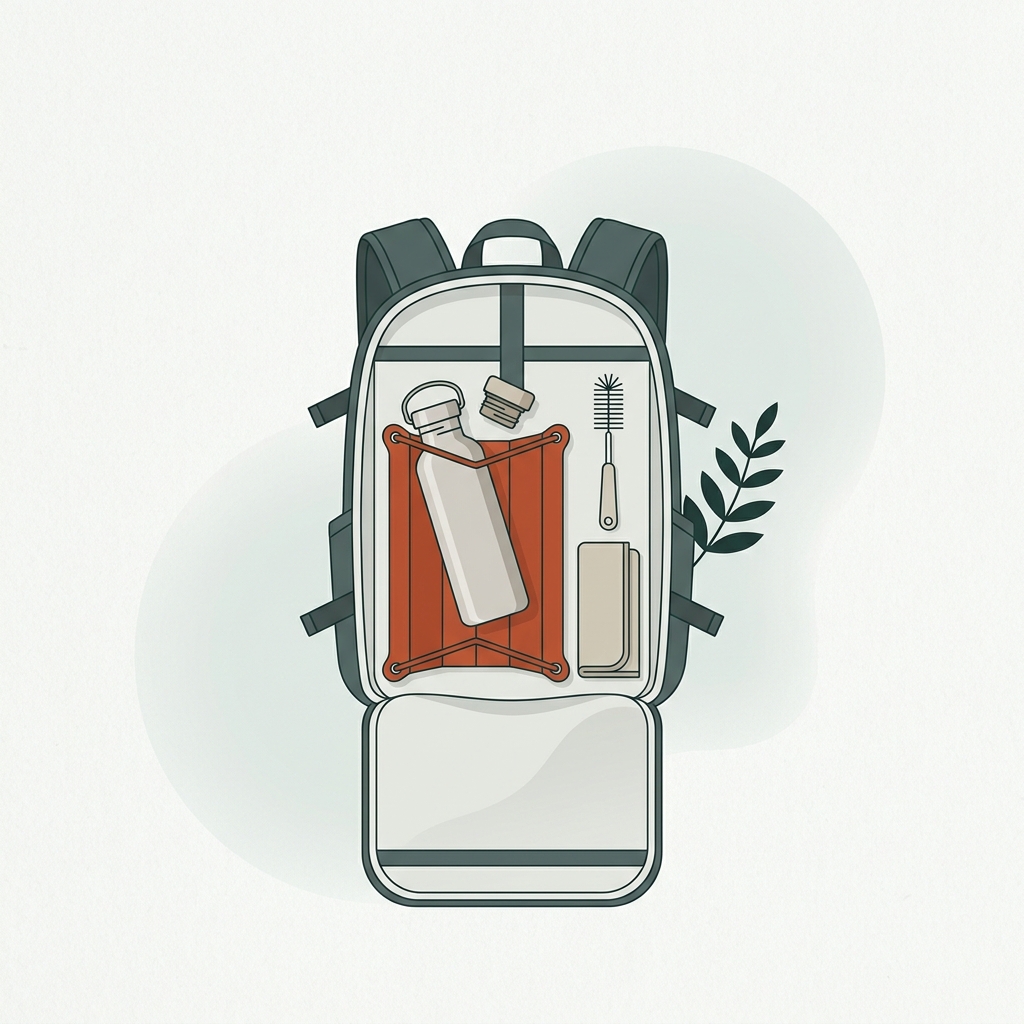 Minimal 2D vector illustration of an open tidy backpack interior with a reusable travel water bottle drying on a lightweight rack with brush and cloth in forest and terracotta tones