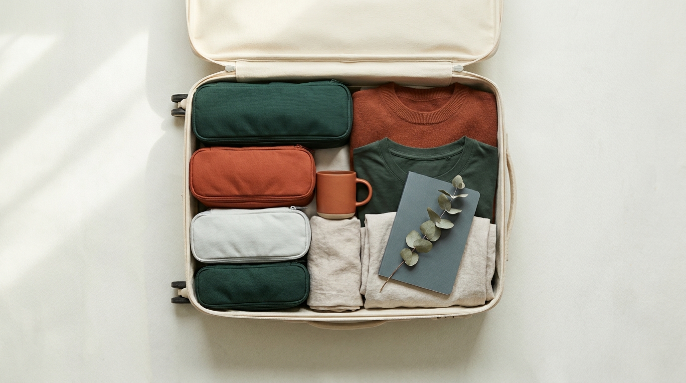 Open carry on filling the frame with neatly organized packing cubes and soft garments on a pale paper background with forest and terracotta accents are packing cubes actually worth it
