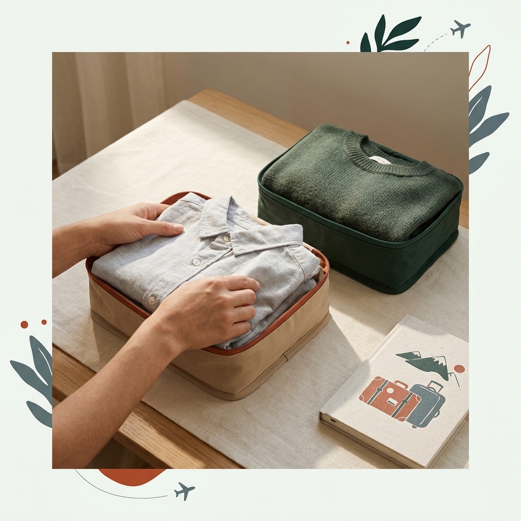 Are packing cubes actually worth it hands packing a medium cube of neatly folded shirts beside a compression cube with a sweater on a paper toned surface with forest and terracotta accents