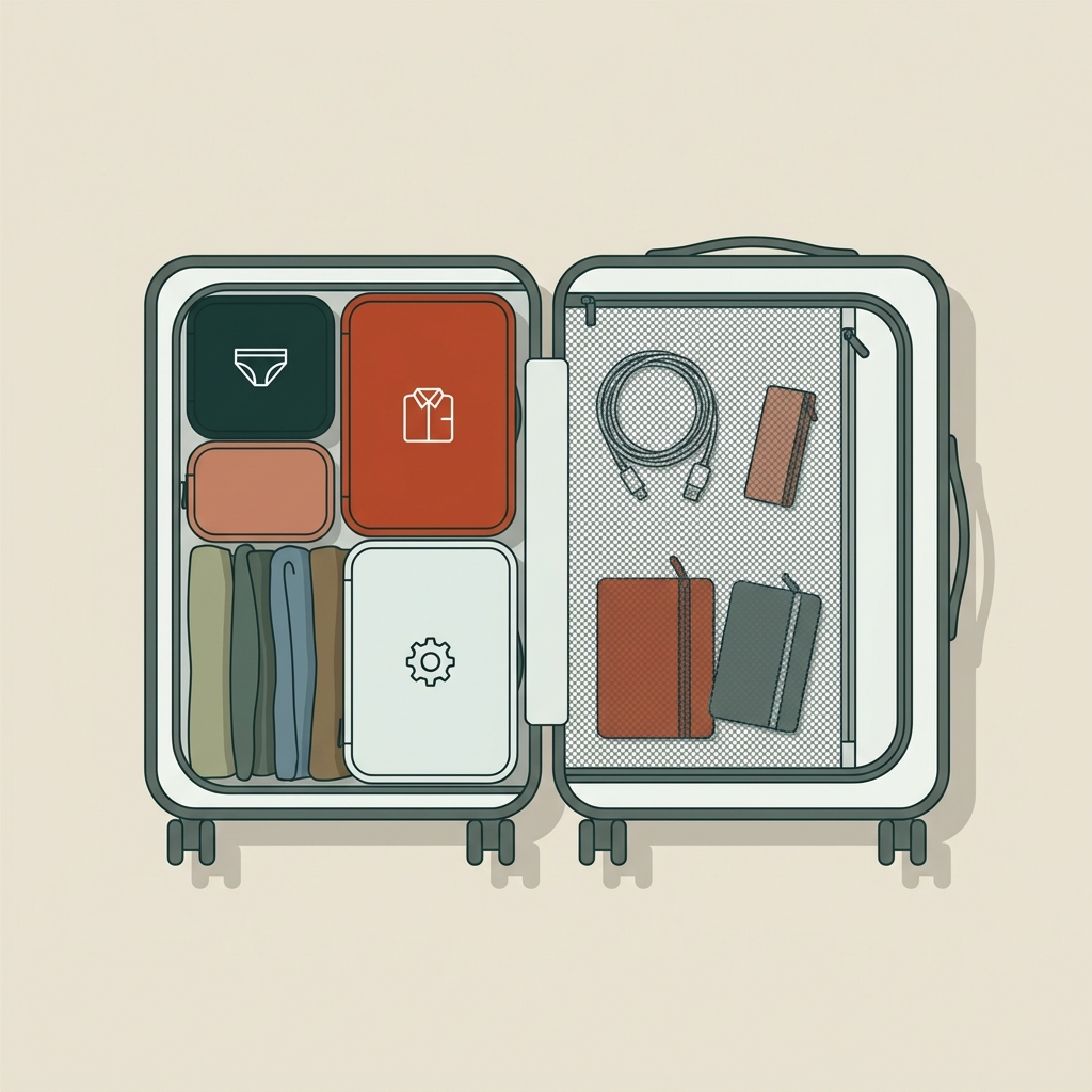 Overhead 2D vector of open carry on with neat packing cubes showing simple icons for underwear shirts tech in forest and terracotta tones are packing cubes actually worth it