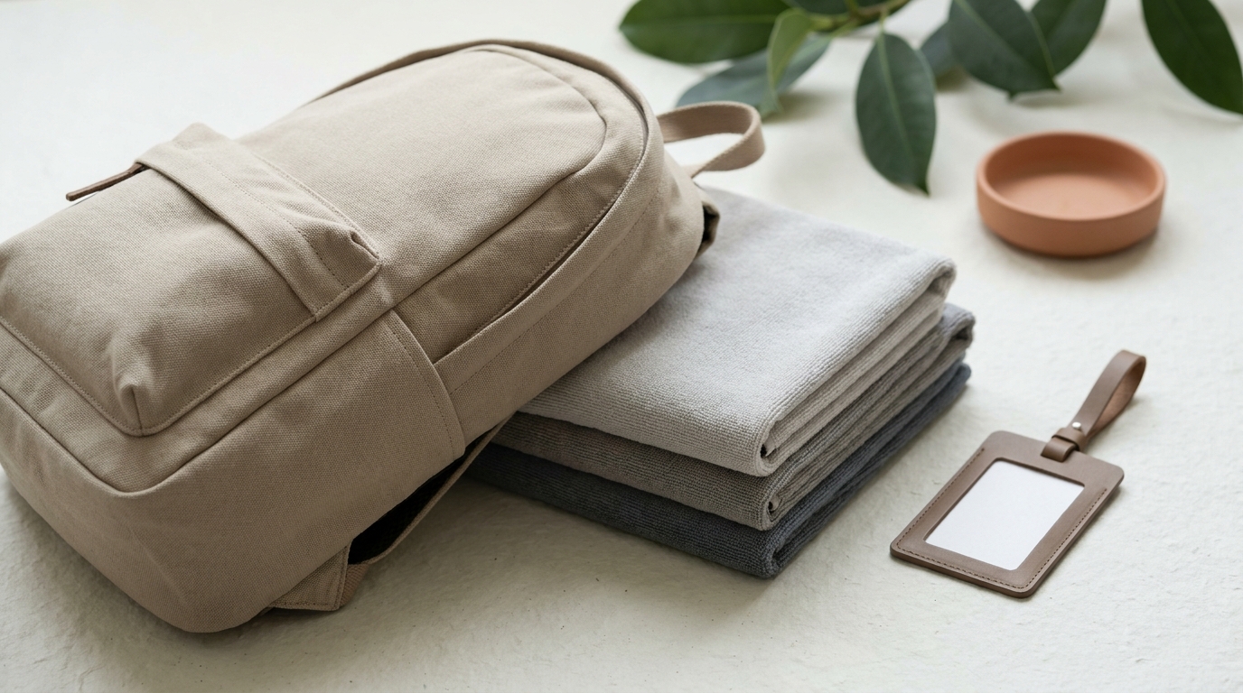Full frame travel scene with packed daypack and folded microfiber towels with subtle luggage tag on paper tone surface can microfiber towels be washed and dried