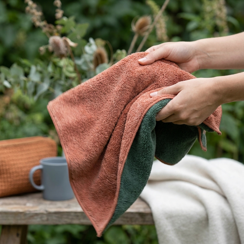 Close full frame view of a microfiber towel being shaken outdoors showing detailed fiber texture and soft forest and terracotta accents can microfiber towels be washed and dried