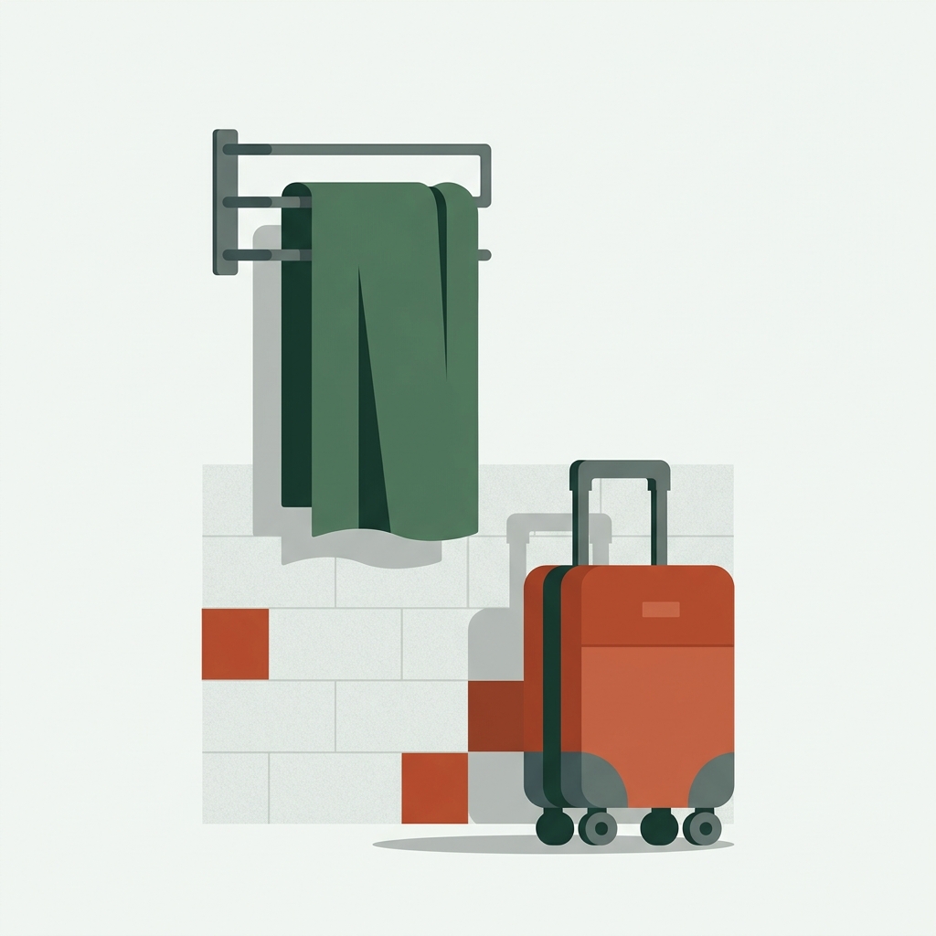 Minimalist 2D vector of a hotel bathroom drying setup showing a towel on a rack and a small travel luggage in frame with forest and terracotta tones can microfiber towels be washed and dried