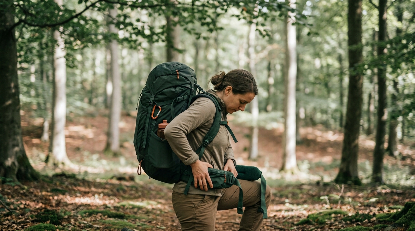 Hiker tightening backpack hip belt in a sunlit forest clearing with visible pack silhouette minimalist editorial composition in terracotta and forest tones what is the best way to distribute weight in a backpack
