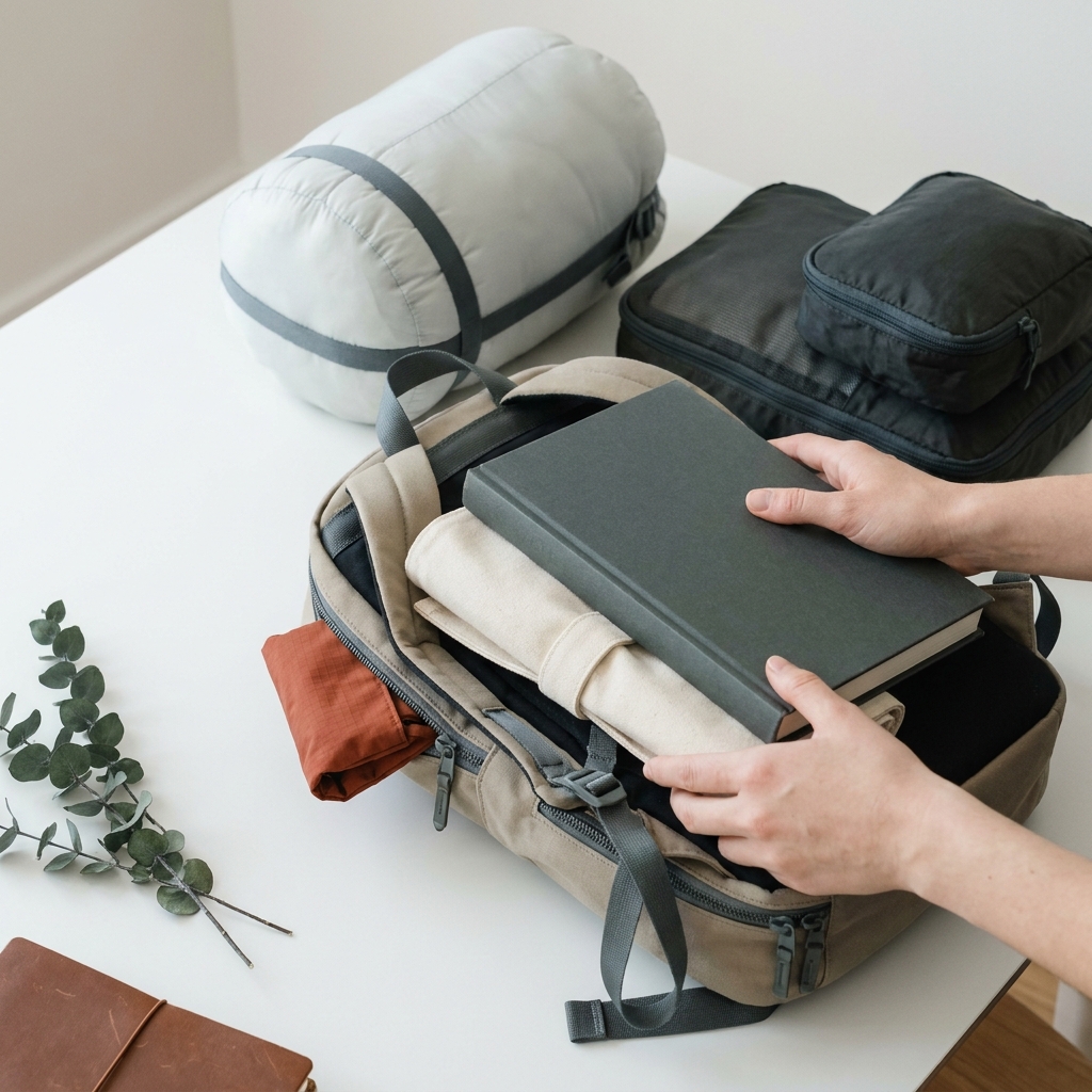 Close up of hands packing a backpack with sleeping bag at the bottom and heavy items near the back panel what is the best way to distribute weight in a backpack